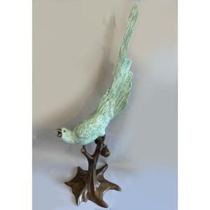 Large Patinated Bronze Parrot On Organic Form Base, France, 20th Century