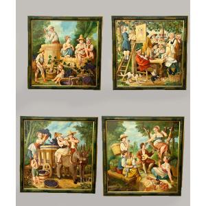 William Skilling (1862–1964) – Vendange animée "La Veuve Joyeuse" – Ensemble de 4 huiles sur 