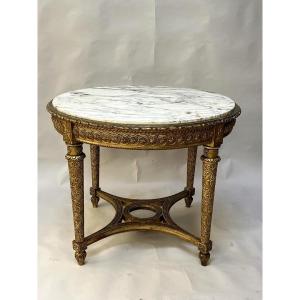 Large Louis XVI Style Gueridon Table, In Carved And Gilded Wood, 19th Century