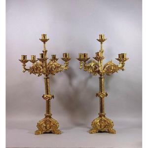Pair Of Six-light Gilt Bronze Neo-gothic Style Candelabra – France, 19th Century