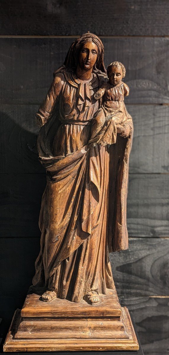 Grande Vierge à l'Enfant En Bois XVIIe Siècle 90cm -photo-3