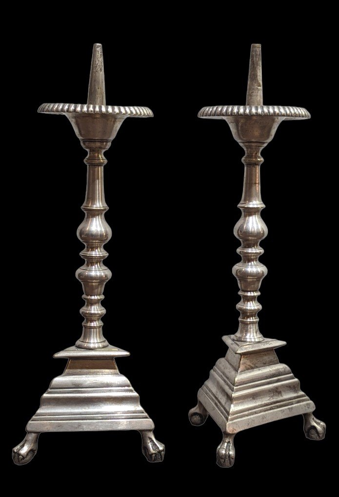 Pair Of Tripod Candles In Silver Bronze XVIIth XVIIIth Louis XIV