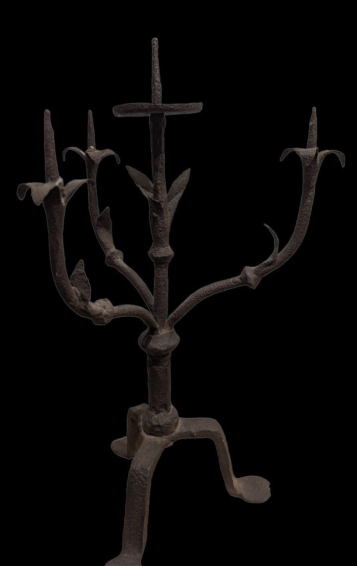 Candlestick With Four Lights Medieval Gothic Tripod 15th-16th Century-photo-3