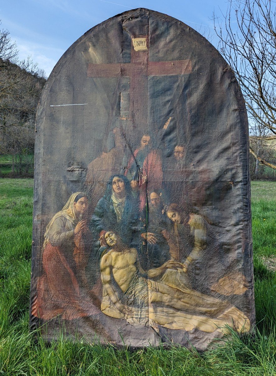 Huge Oil On Canvas - Descent From The Cross - 19th Century - 3m15 High-photo-2