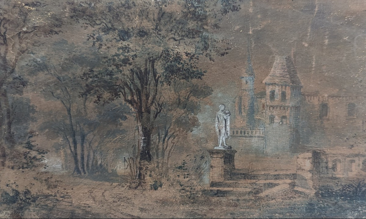 Watercolor – The Castle Park - French School Of The Early 19th Century  
