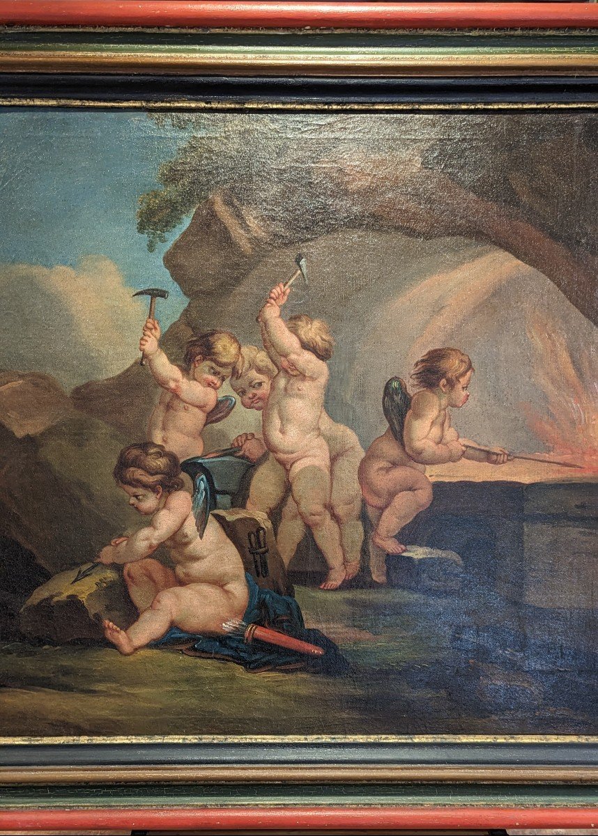 Les Cupidons Dans La Forge De Vulcain - Huile Sur Toile - Atelier De Francesco De Mura-photo-2