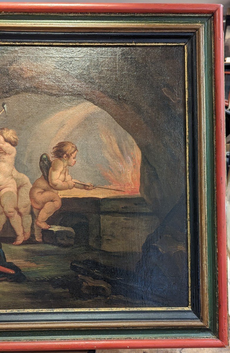 Les Cupidons Dans La Forge De Vulcain - Huile Sur Toile - Atelier De Francesco De Mura-photo-3