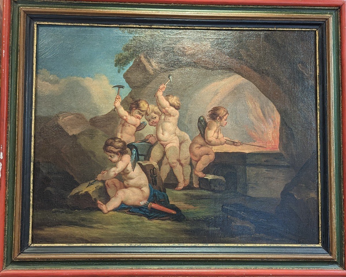 Les Cupidons Dans La Forge De Vulcain - Huile Sur Toile - Atelier De Francesco De Mura-photo-4
