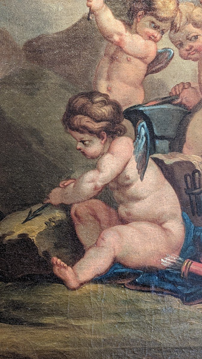 Les Cupidons Dans La Forge De Vulcain - Huile Sur Toile - Atelier De Francesco De Mura-photo-2