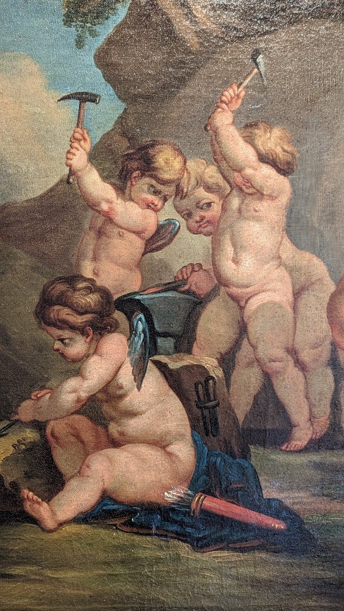 Les Cupidons Dans La Forge De Vulcain - Huile Sur Toile - Atelier De Francesco De Mura-photo-3