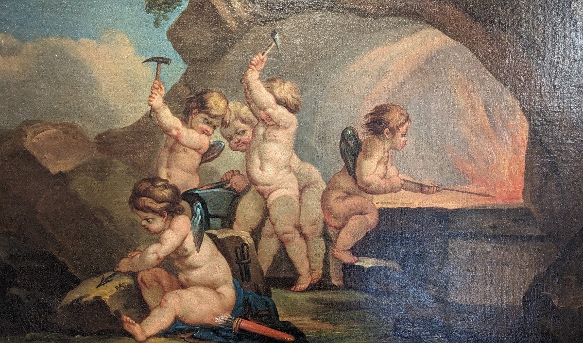 Les Cupidons Dans La Forge De Vulcain - Huile Sur Toile - Atelier De Francesco De Mura