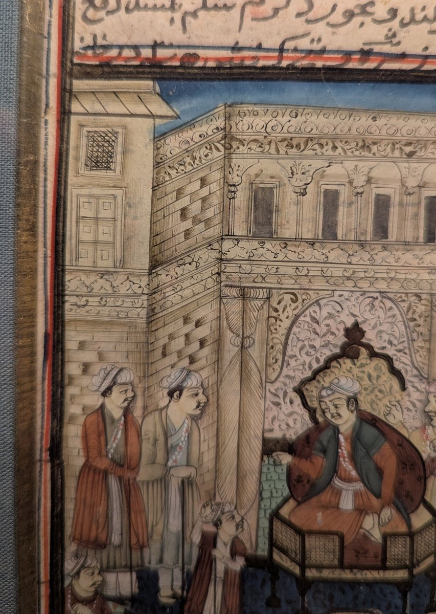 Miniature persane/indo-persane sur papier - Audience royale, texte en nastaliq - fin XVIIIe-photo-4