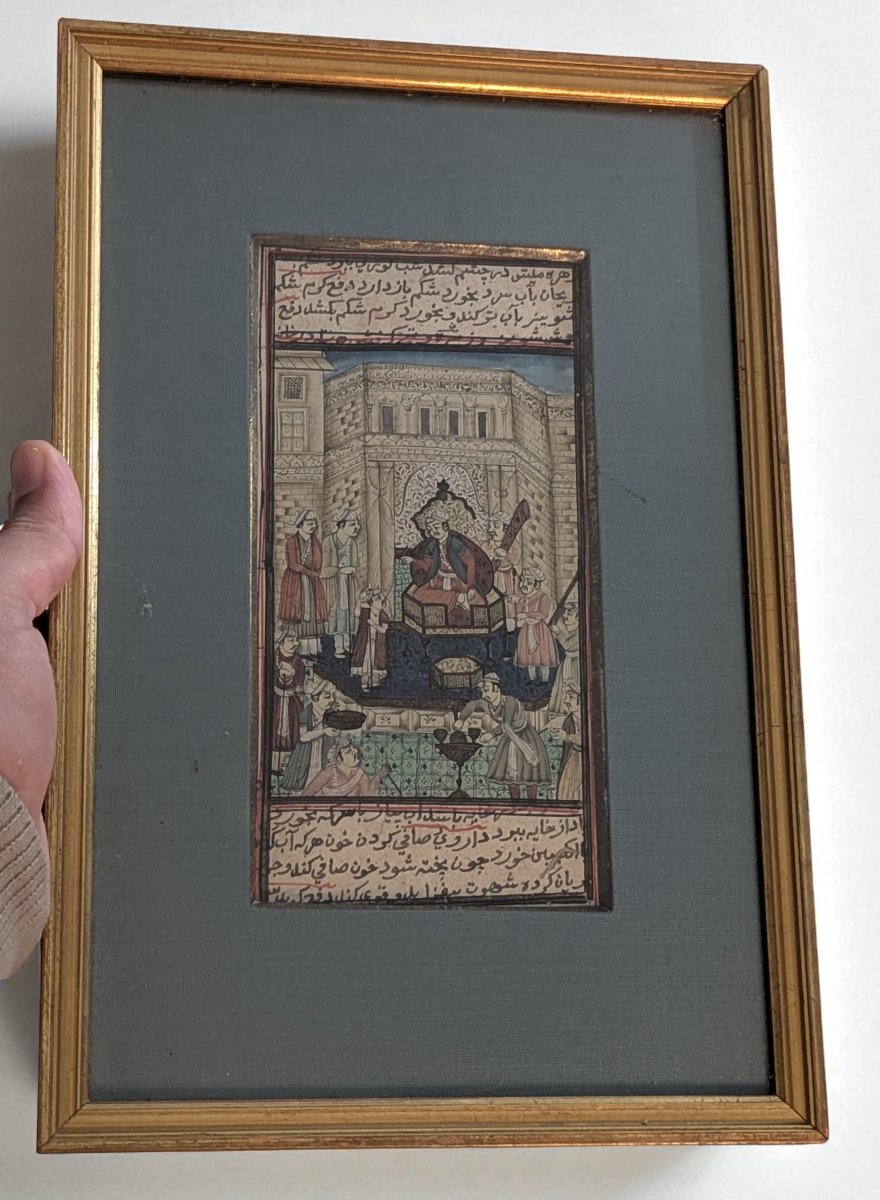 Miniature persane/indo-persane sur papier - Audience royale, texte en nastaliq - fin XVIIIe-photo-1