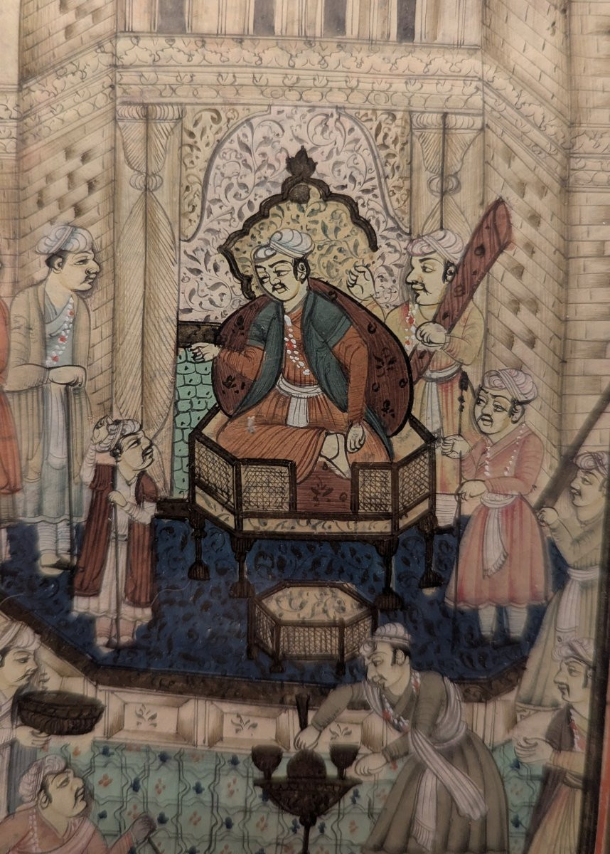 Miniature persane/indo-persane sur papier - Audience royale, texte en nastaliq - fin XVIIIe-photo-2