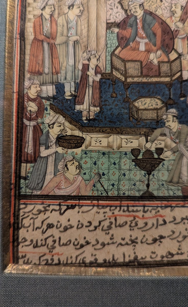 Miniature persane/indo-persane sur papier - Audience royale, texte en nastaliq - fin XVIIIe-photo-4