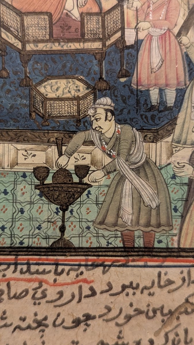 Miniature persane/indo-persane sur papier - Audience royale, texte en nastaliq - fin XVIIIe-photo-5