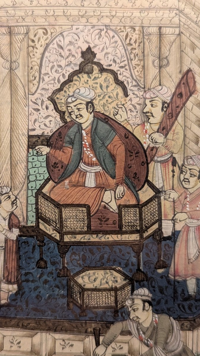 Miniature persane/indo-persane sur papier - Audience royale, texte en nastaliq - fin XVIIIe-photo-7