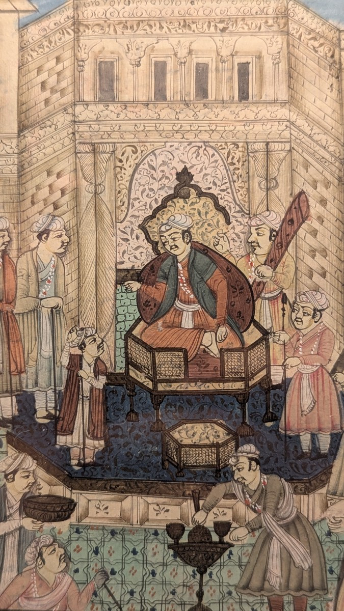 Miniature persane/indo-persane sur papier - Audience royale, texte en nastaliq - fin XVIIIe