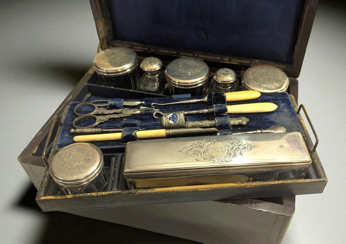 Travel Kit - Glass And Sterling Silver Bottles - Signed Péret In Paris - 19th Century-photo-2