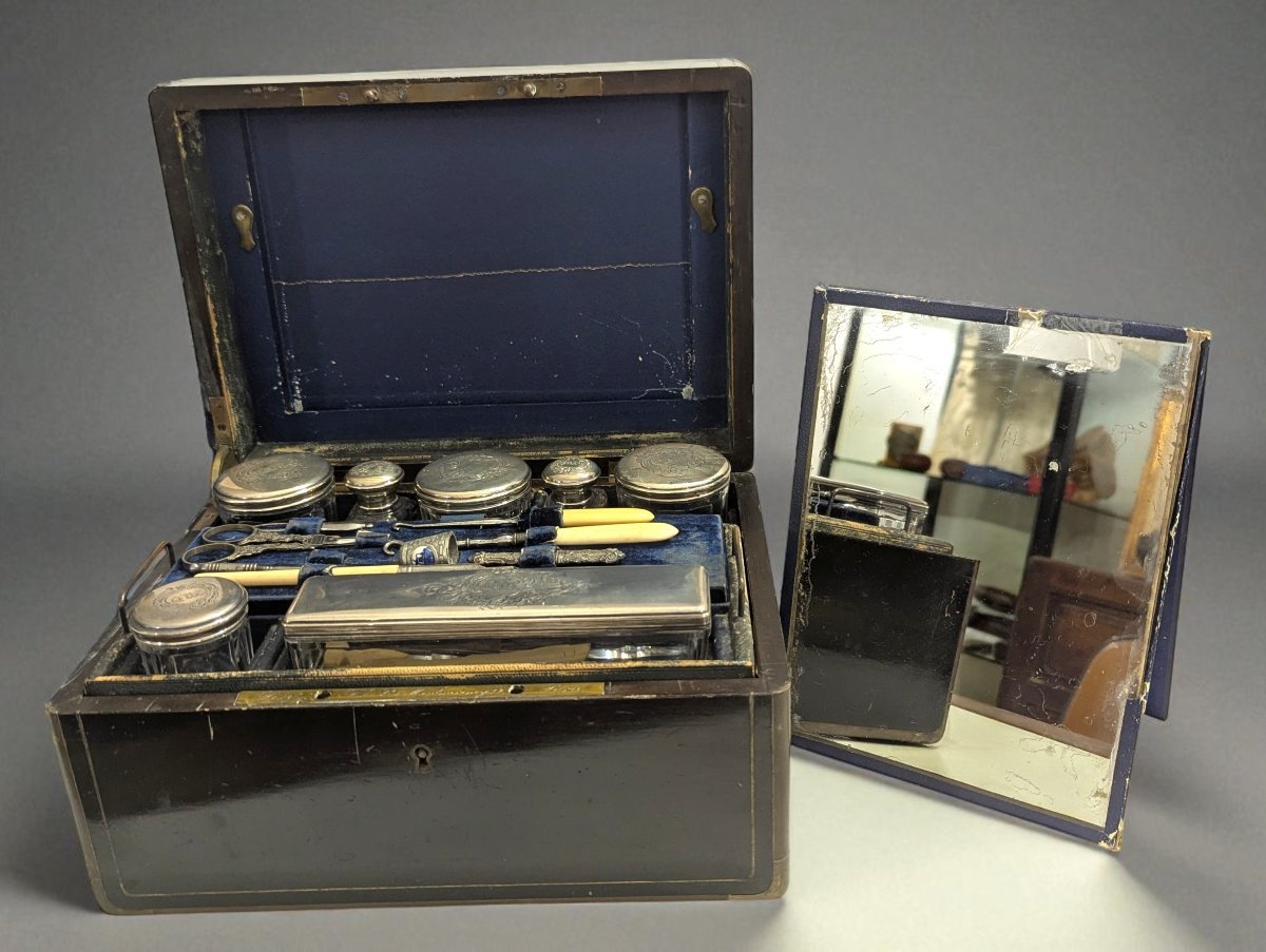 Travel Kit - Glass And Sterling Silver Bottles - Signed Péret In Paris - 19th Century-photo-8