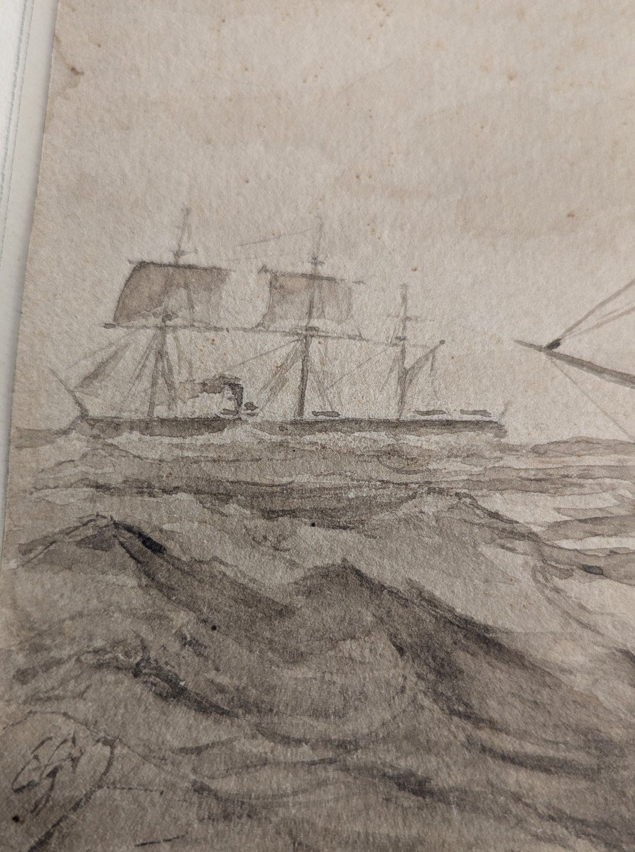 Dessin de Théodore Gudin - Bateaux En Mer - Marine - vers 1850-photo-2