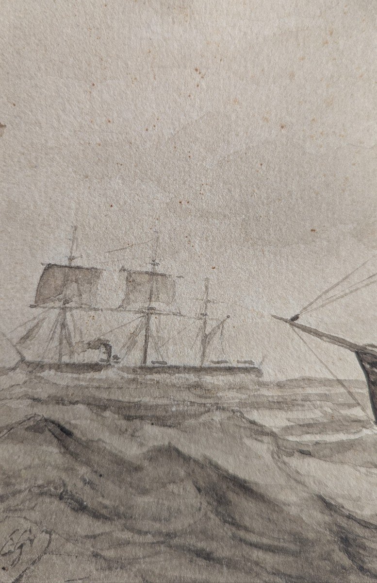 Dessin de Théodore Gudin - Bateaux En Mer - Marine - vers 1850-photo-1
