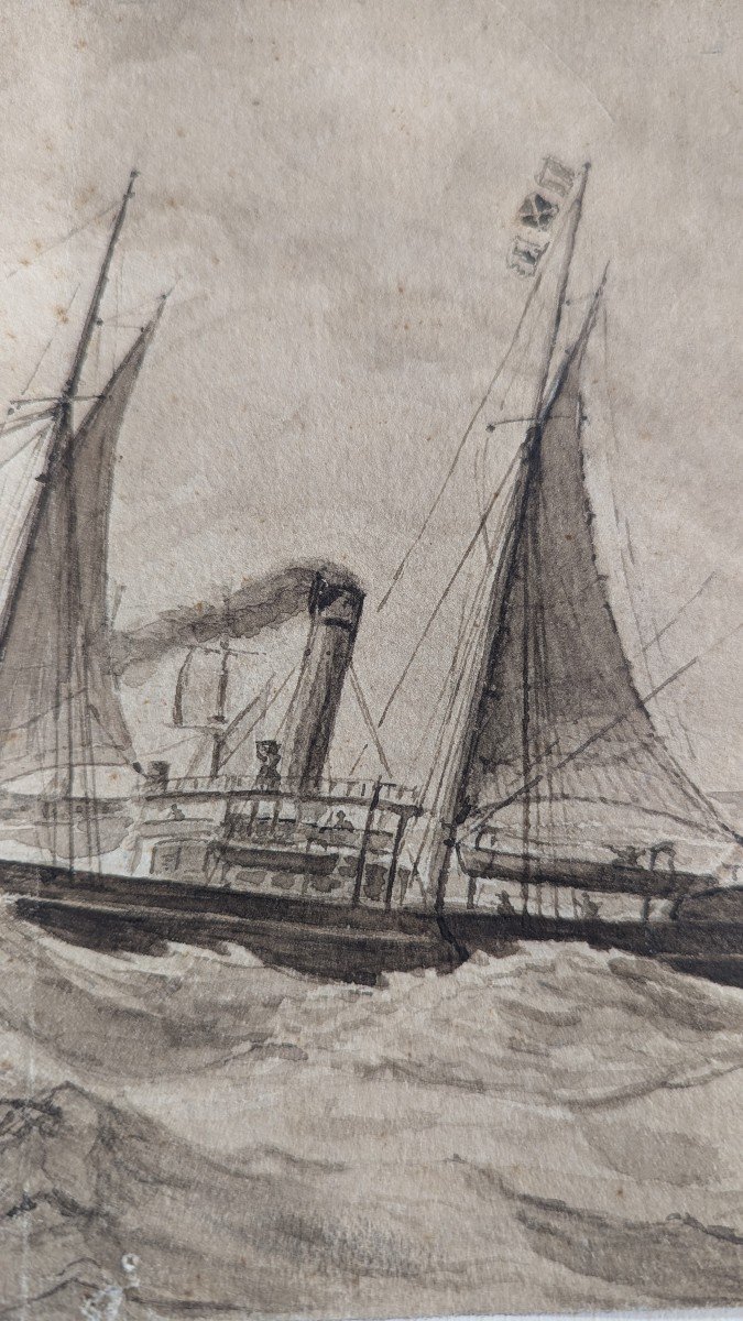Dessin de Théodore Gudin - Bateaux En Mer - Marine - vers 1850-photo-2