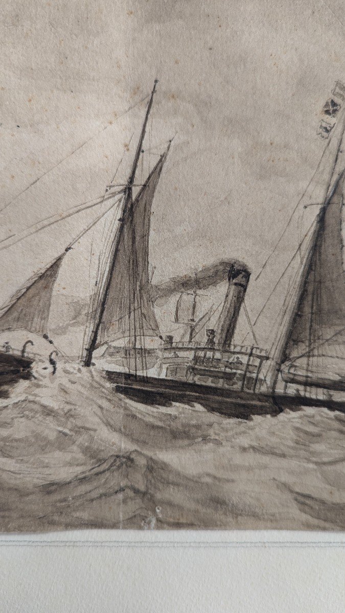 Dessin de Théodore Gudin - Bateaux En Mer - Marine - vers 1850-photo-3