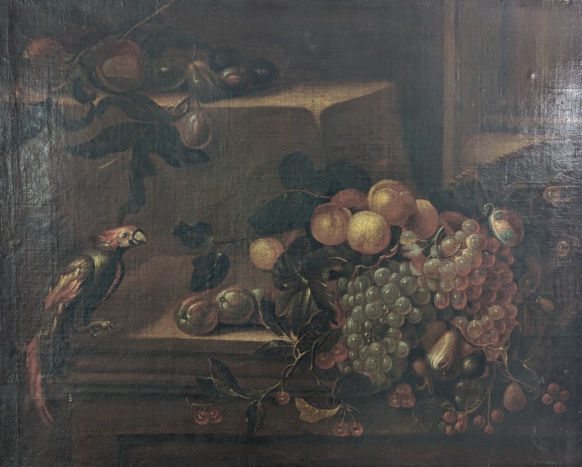 Still Life With Parrot And Fruit - Oil On Canvas - Late 17th Century