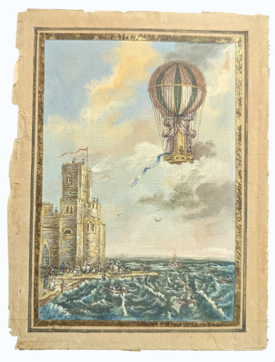 Rare Gouache Miniature - Attempted Channel Crossing By De Rozier On June 15, 1785-photo-3