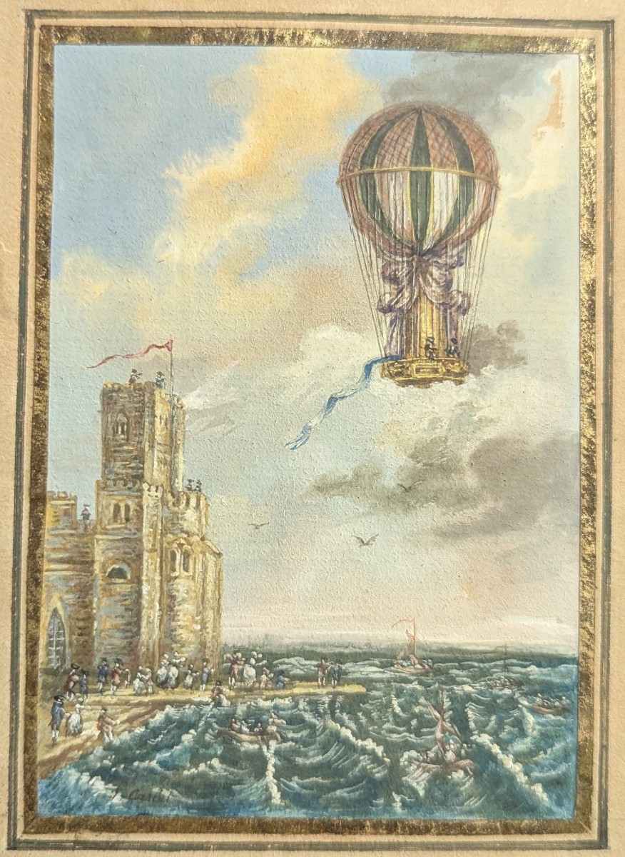 Rare Gouache Miniature - Attempted Channel Crossing By De Rozier On June 15, 1785
