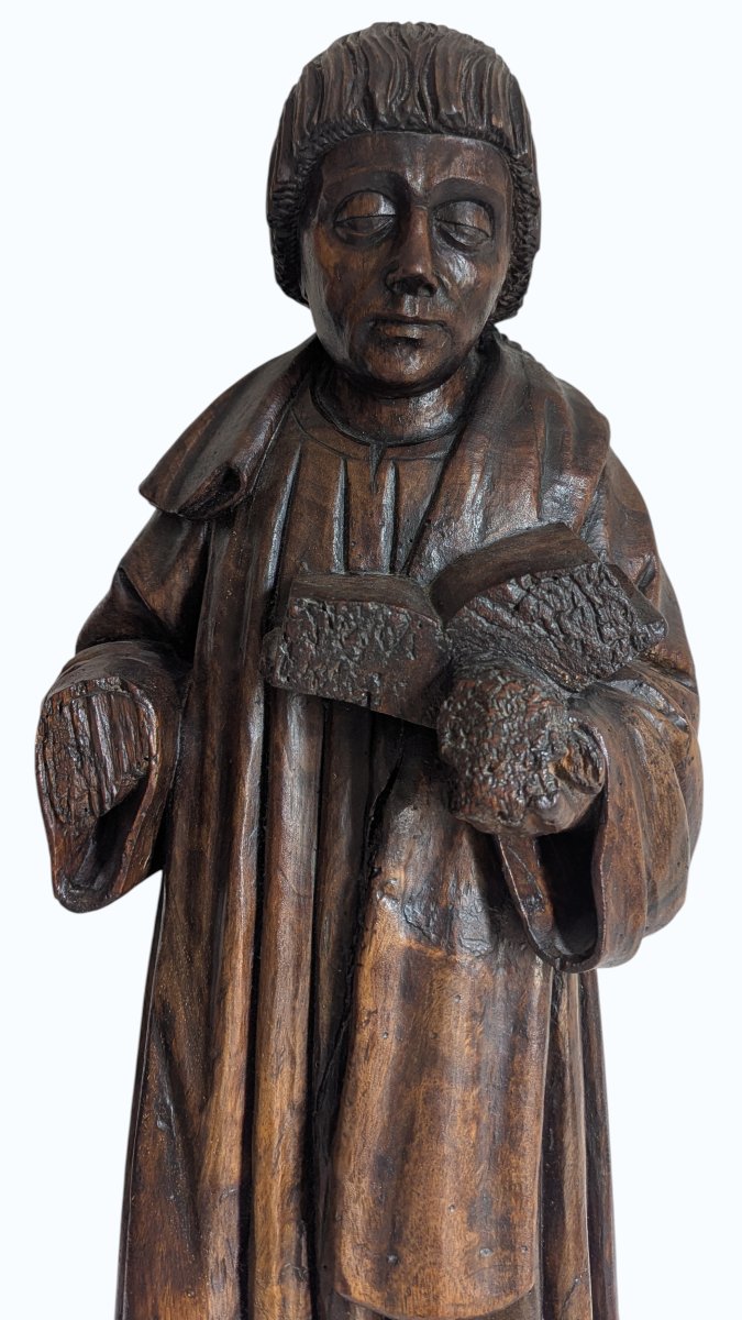Statue - Monk With A Book - Oak Sculpture - France - 16th Century - 67 Cm-photo-2