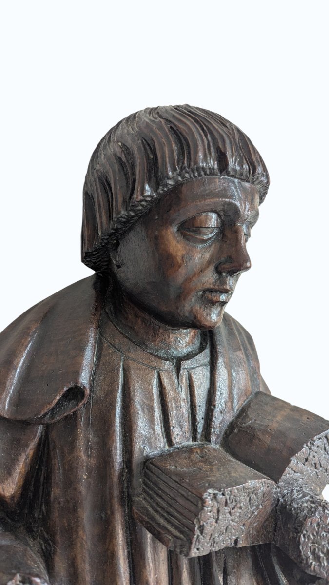 Statue - Monk With A Book - Oak Sculpture - France - 16th Century - 67 Cm-photo-3