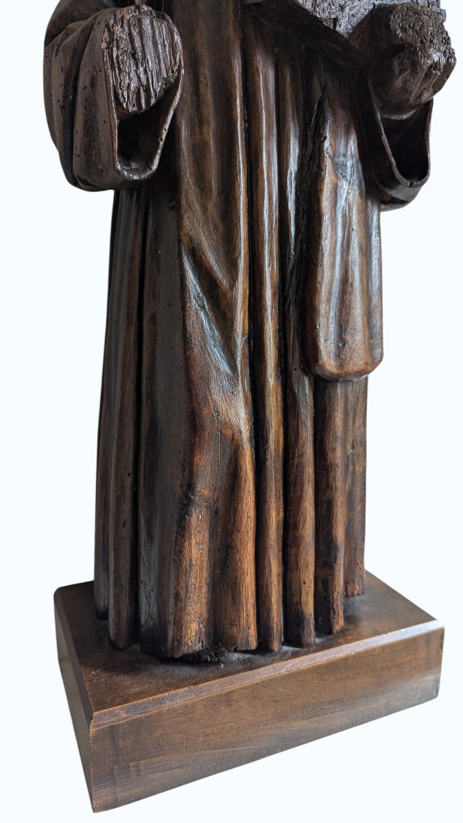 Statue - Monk With A Book - Oak Sculpture - France - 16th Century - 67 Cm-photo-4