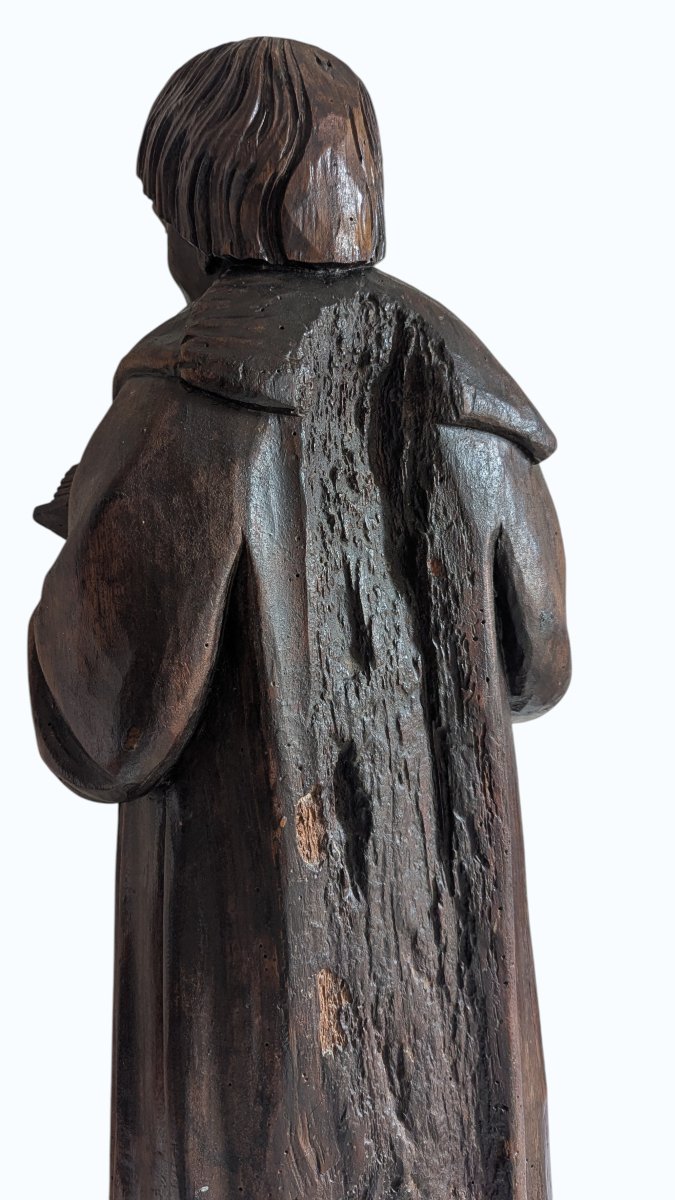 Statue - Monk With A Book - Oak Sculpture - France - 16th Century - 67 Cm-photo-3