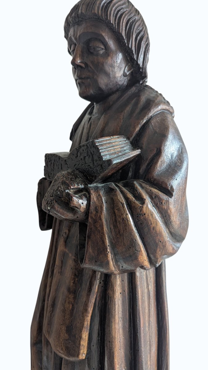 Statue - Monk With A Book - Oak Sculpture - France - 16th Century - 67 Cm-photo-6