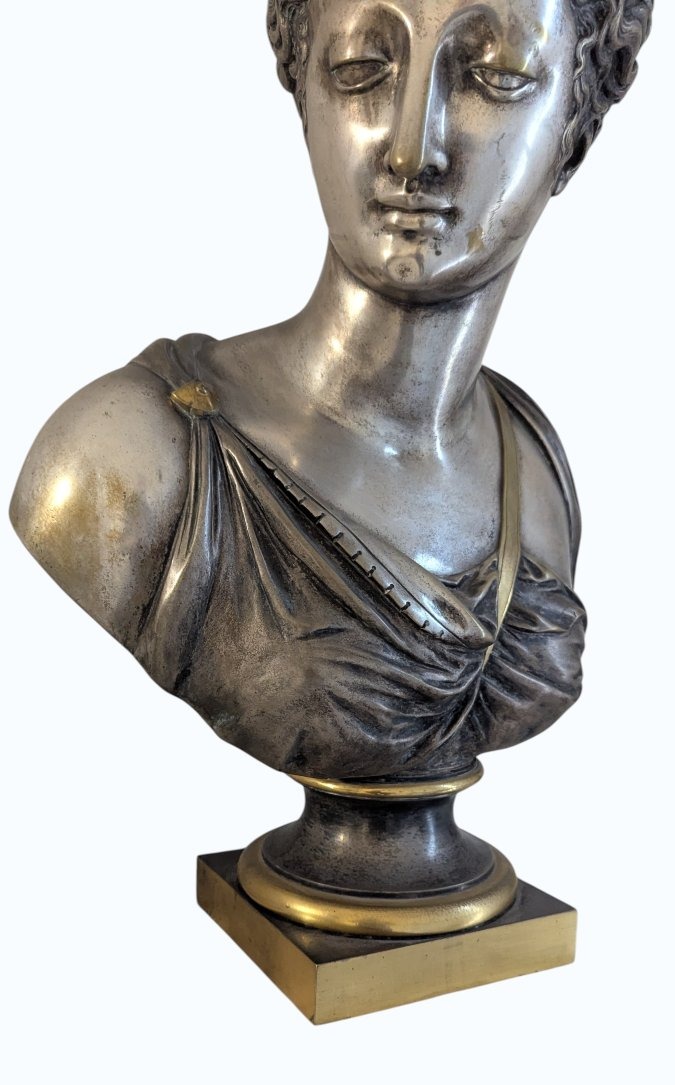 Buste en bronze argenté et doré - Diane de Poitiers en Diane chasseresse, d'après Jean Goujon-photo-3