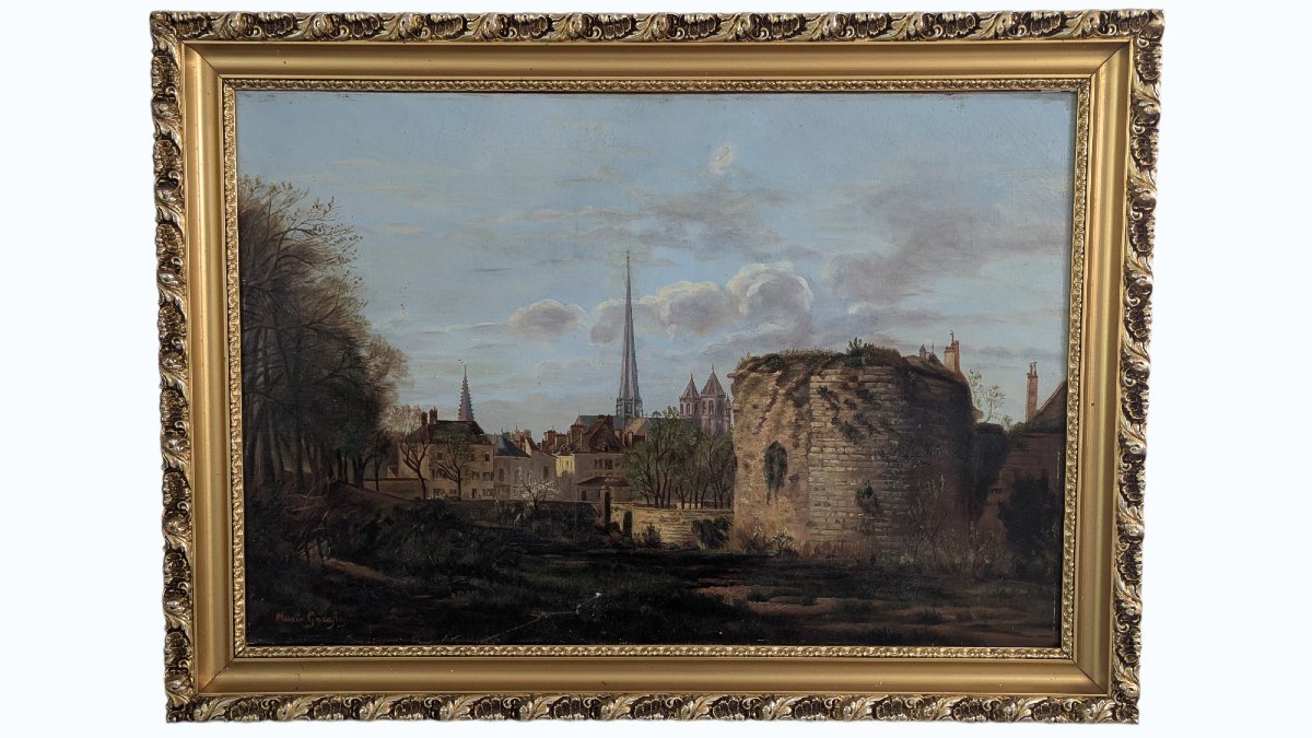 Vue de Dijon - la cathédrale Saint-Bénigne & vestiges du château - HST signée Marie Godefroy-photo-2