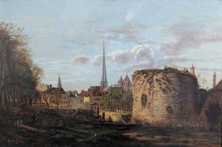 Vue de Dijon - la cathédrale Saint-Bénigne & vestiges du château - HST signée Marie Godefroy