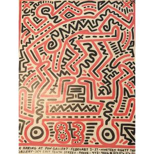 Poster And Original Drawing By Keith Haring - Fun Gallery 1983