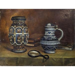 Oil On Panel - Still Life - Signed Fernando Martinez And Dated 1891