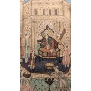 Miniature persane/indo-persane sur papier - Audience royale, texte en nastaliq - fin XVIIIe