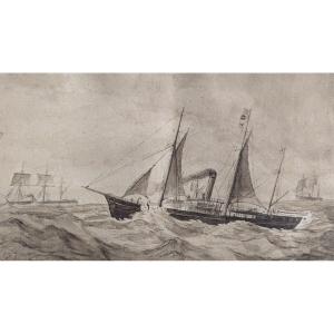 Dessin de Théodore Gudin - Bateaux En Mer - Marine - vers 1850