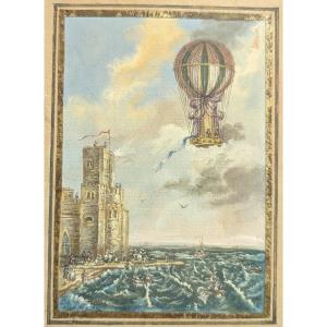 Rare Gouache Miniature - Attempted Channel Crossing By De Rozier On June 15, 1785