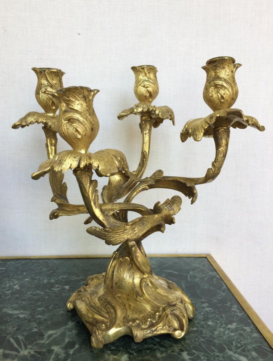 Pair Of Gilded Bronze Candelabra, 19th Century-photo-2