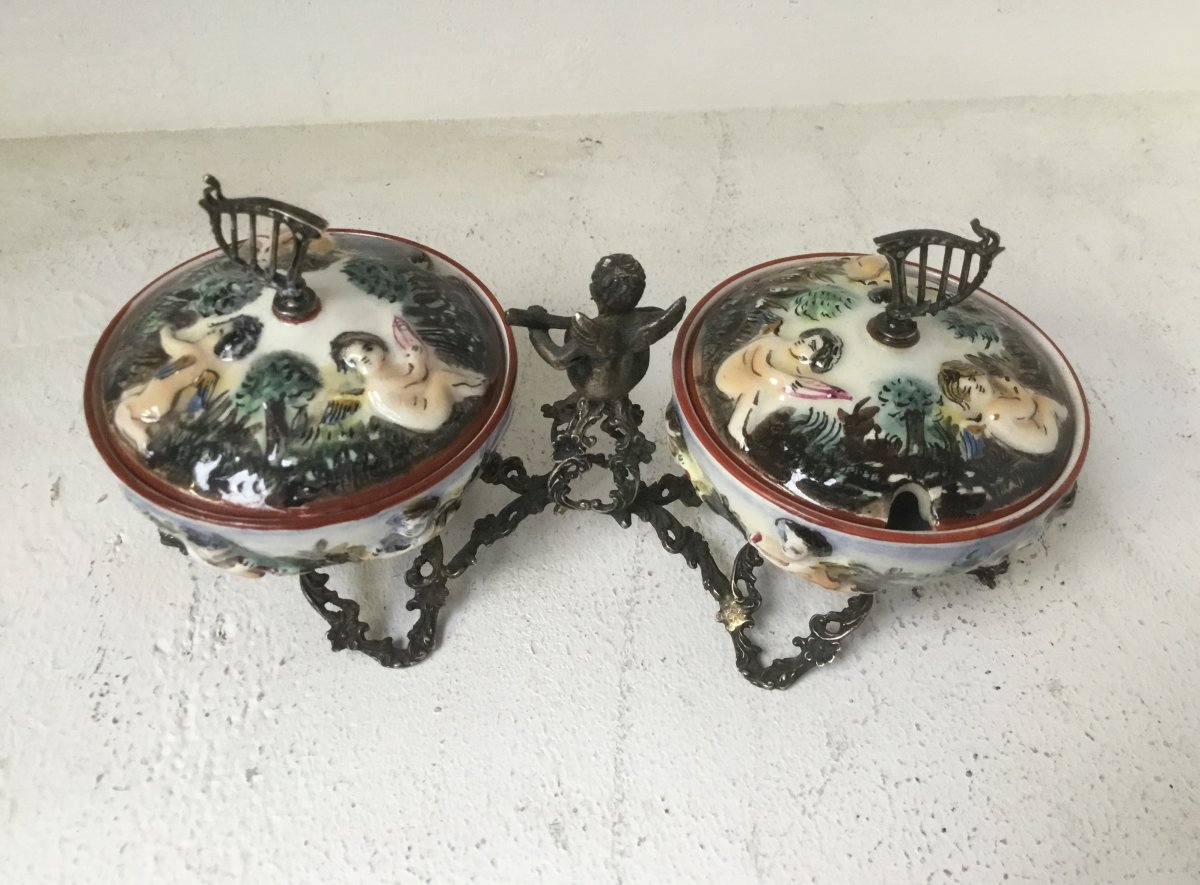 Capodimonte: Pair Of Salt Cellars, 19th Century-photo-3