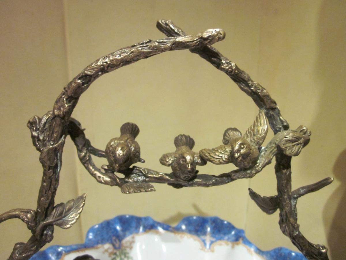 Coupe en faïence, monture à décor d'oiseaux-photo-2