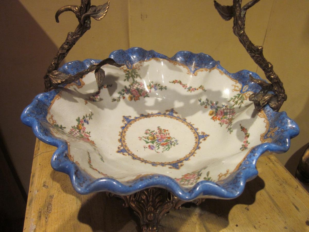 Coupe en faïence, monture à décor d'oiseaux-photo-3