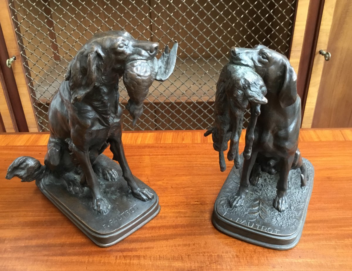 PAUTROT Ferdinand (1832-1874) - Deux chiens avec gibier, en bronze-photo-3