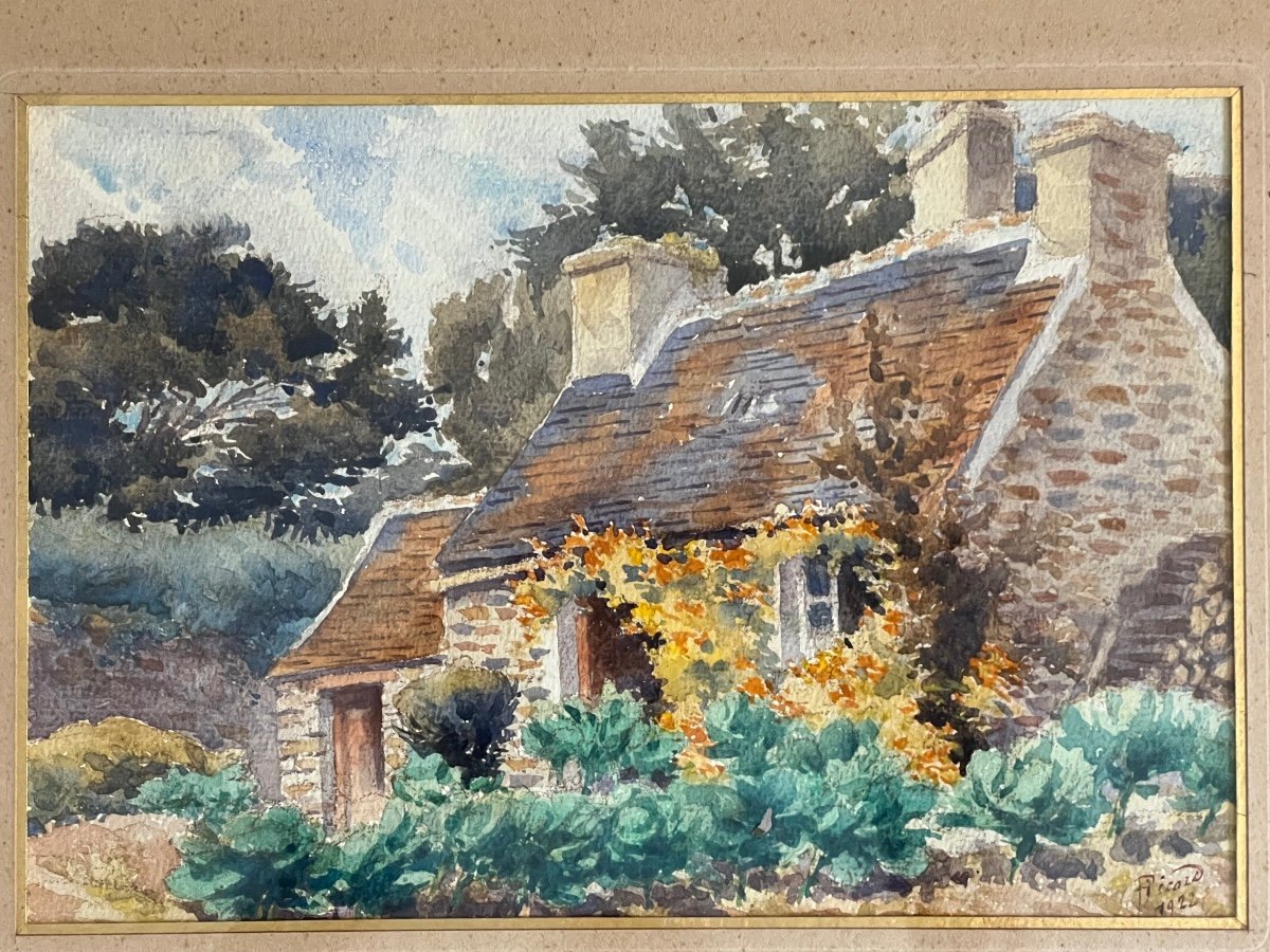 2 Watercolor Paintings Thatched Cottage In The Breton Landes F. Picard 1921-photo-3